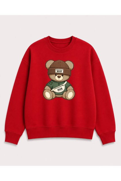 Erkek Çocuk Şapkalı Ayıcık Baskılı Bisiklet Yaka Sweatshirt