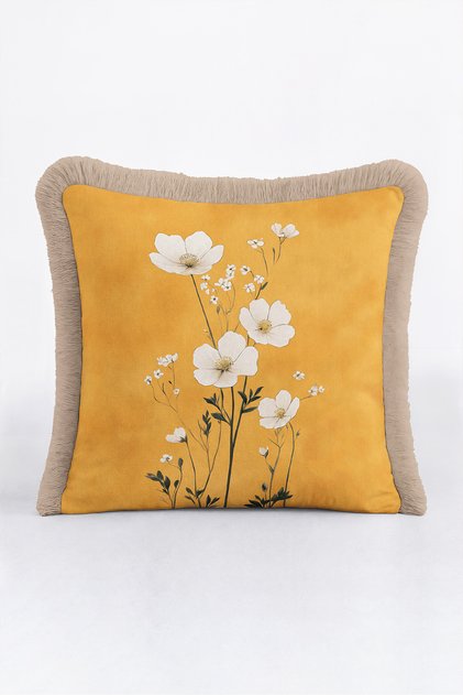 Floral Patterned Yellow Elegant Fringed Pillowcase - Botanical White Mustard Cream Tassel Throw Pillow Cover