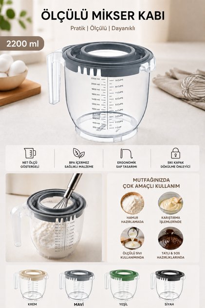 2200 ml Measuring Mixer Bowl with Lid and Scale, Mixing and Preparation Bowl Green