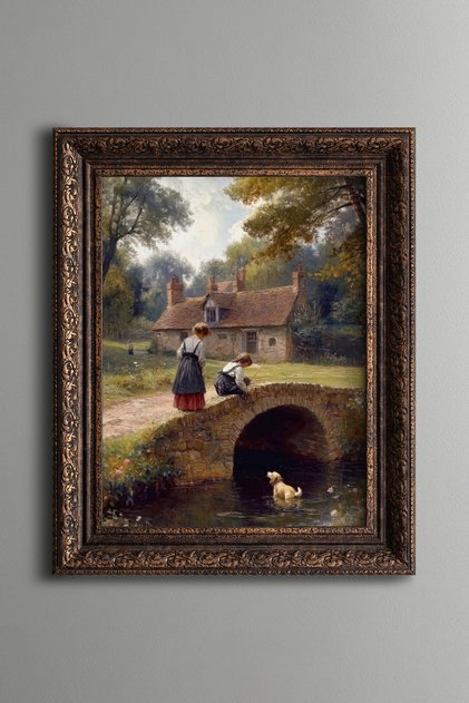 Children and Stream Landscape Painting on Stone Bridge - Vintage Patterned Painting - Thick Model