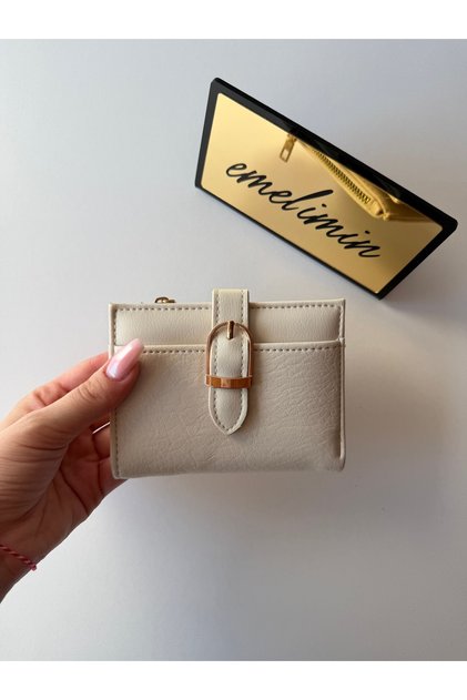 Women's Cream Zippered Card Holder Wallet | Multi-Compartment Mini Wallet | Coin Compartment Belt Detailed