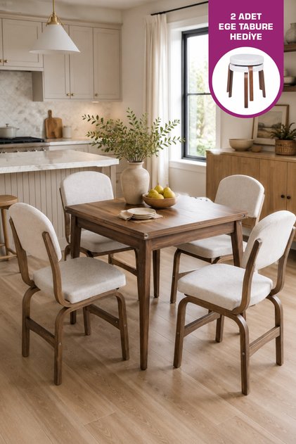 Ege Sandalye Avanos Ahşap MDF Kanatlı Mutfak Masası Takımı - 70x70+70 cm