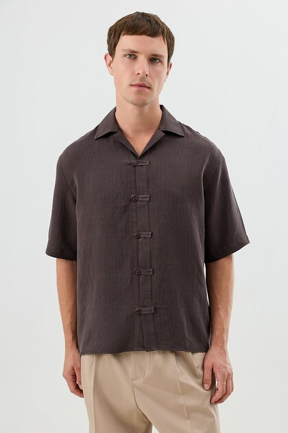 Dark Brown Patterned Lyocell Men's Relax Fit Shirt