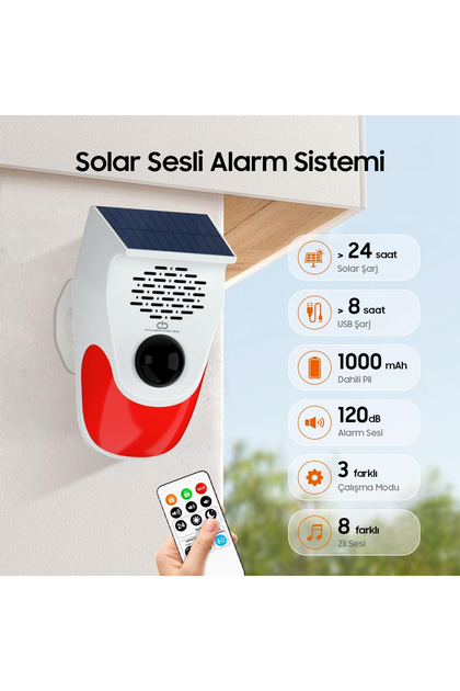 Güneş Enerjili Sesli Işıklı Alarm - Uzaktan Kumandalı, 120 dB sirenli, IP65 Su Geçirmez, Bahçe, Ev İşyeri Güvenlik Alarmı