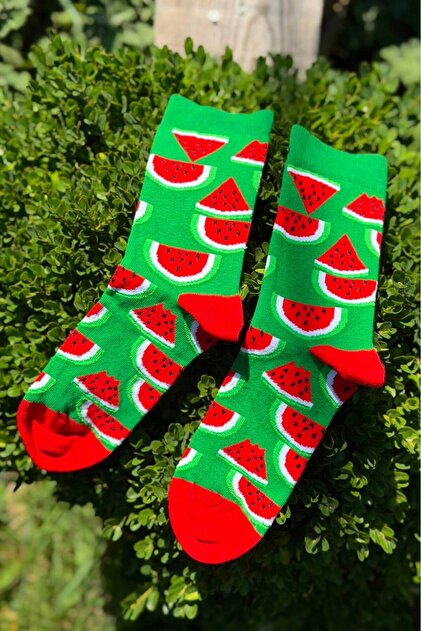 Unisex Green Watermelon Slice Patterned Colorful Socks