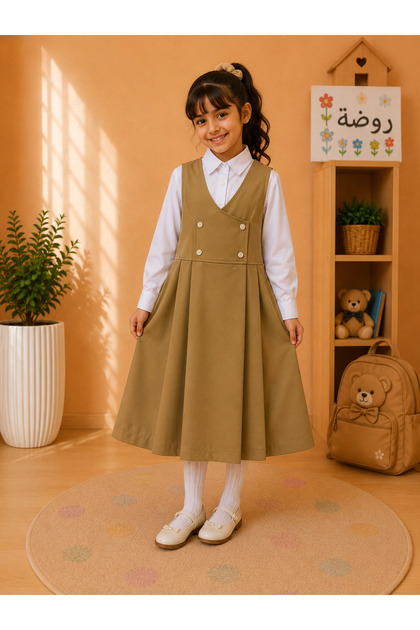 Girls Kindergarten School Uniform TR Pinafore with White Shirt – Beige (مريول روضة بناتي مع قميص أبيض – بيج)