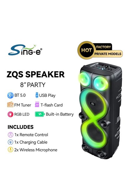 Sing-e Bluetooth Party Speaker (Model JQS8238), dual 8-inch subwoofers, 20W power, 4500mAh battery, includes 2 microphones and RGB lighting.
