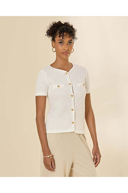 Women Ivory Textured Top With Gold Button Detail