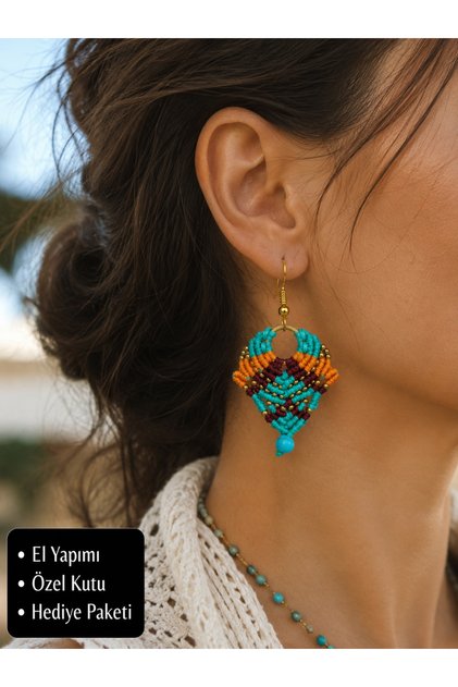 Handmade Bohemian Turquoise Macrame Earrings – Women's Earrings with Ethnic Patterned Bead Detail