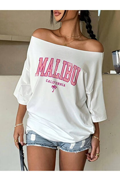Women's Malibu Printed Boat Neck Off Shoulder 100% Cotton T-Shirt