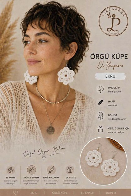 Handmade Ecru Bohemian Floral Knitted Earrings