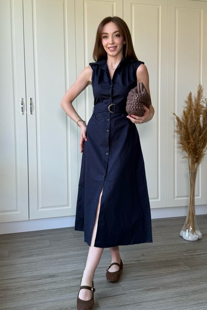 Polo Collar Belted Padded Midi Shirt Dress