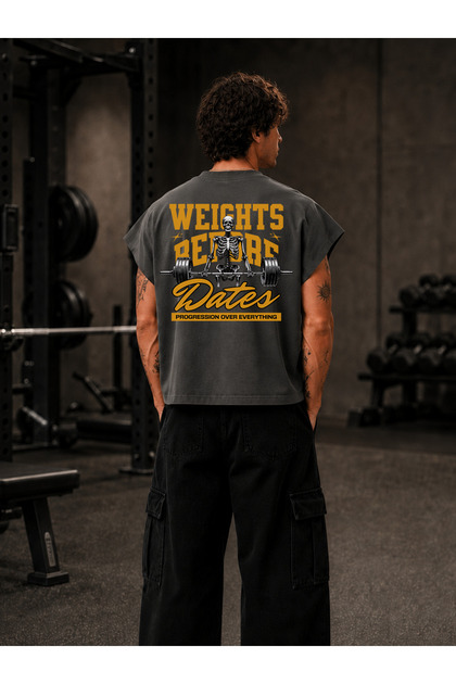 Gym Sporcu Weights before Dates Printed Oversize Worker Boxy Fit Sleeveless Crew Neck T-Shirt