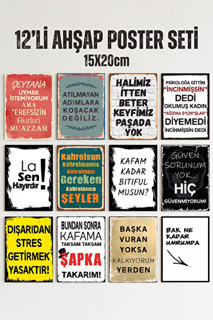 Karışık Yazılı MDF Poster Duvar Tablosu – Dekoratif Ev, Salon, 12 li set