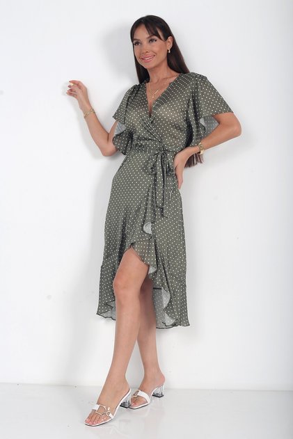 Women's Double Breasted Collar Lined Polka Dot Flounce Satin Midi Dress