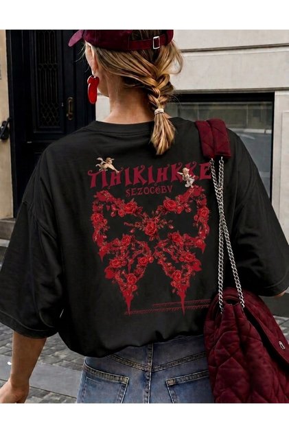Women's Floral Ribbon Patterned Oversize Crew Neck Printed T-Shirt
