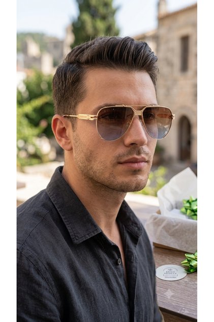 نظارات شمسية للرجال بإطار ذهبي مزدوج اللون (بني-أزرق) من نوع Aviator
