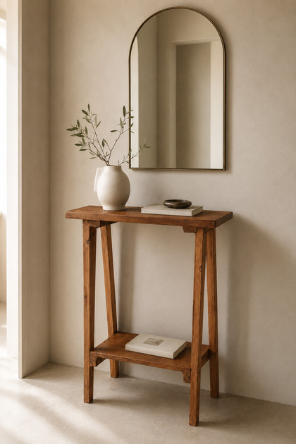 Masif Ahşap Ceviz Renk Alt Raflı Dresuar Antre ve Salon Konsolu 90x70x35 cm