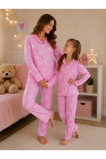 Mother-Daughter Cotton Button-Down Long-Sleeved Pajama Set (the Price Is for One Set, You Can Add It to the Cart Separately)