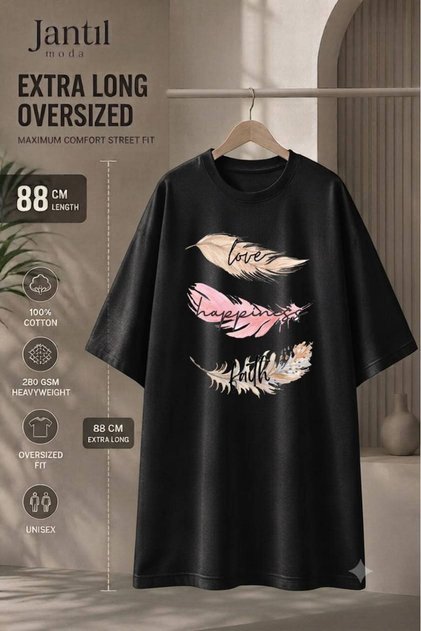 Crew Neck Feather Detailed Extra Long Oversize Tunic T-Shirt with Love, Happiness and Faith Written on It, Short Sleeves