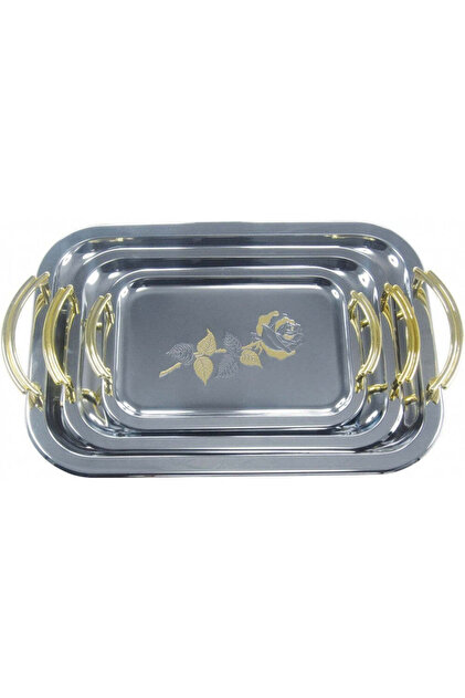 Set tavi din inox pentru servire, manere gold, model: trandafir