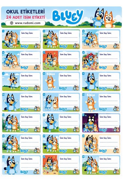 Bluey Temalı Kişiye Özel Okul İsim Etiketi -24 adet