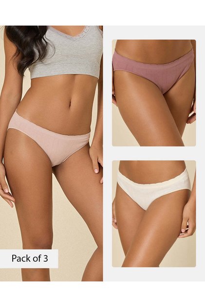 Women Beige Rib Seamless Bikini Briefs (Pack Of 3)