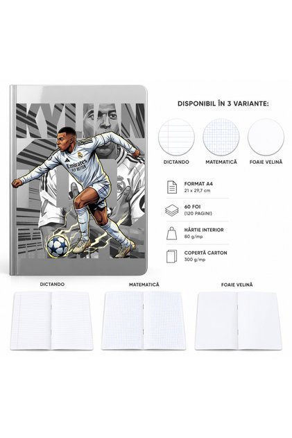 Caiet A4 Personalizat Kylian Mbappe – 60 Foi, Matematica