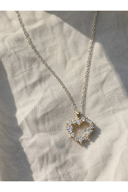 Gold Color Zircon and Baguette Stone Heart Figured Women's Necklace