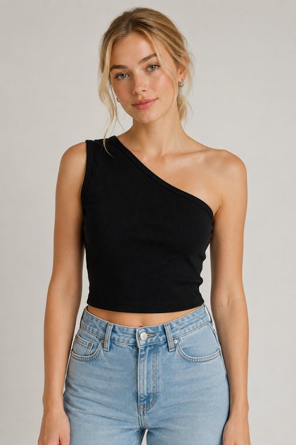 Women's One-Shoulder Asymmetrical Collar Ribbed Stretchy Body-Hugging Sleeveless Basic Crop Blouse