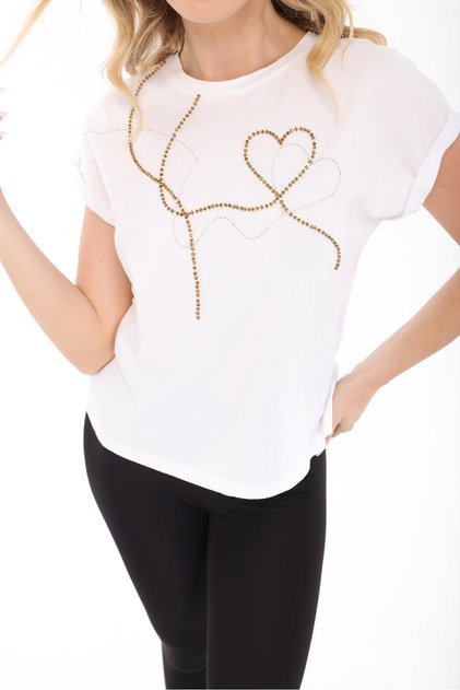 Women's Design T-Shirt Beadwork Detailed Low Double Sleeve White Blouse