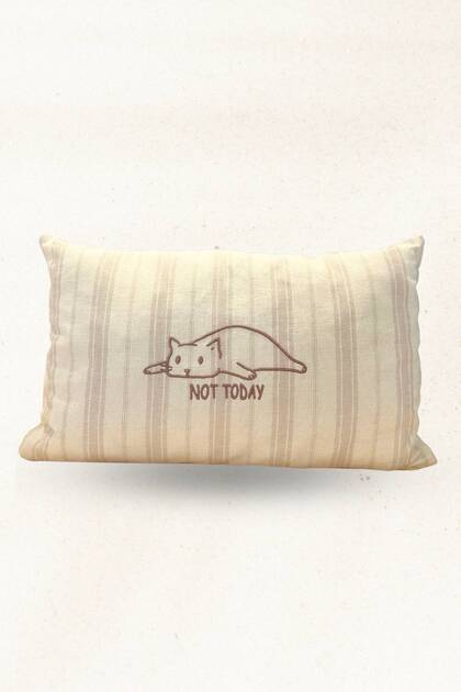 Not Today Embroidered Beige Linen Decorative Pillowcase | Striped Throw Pillow Cover