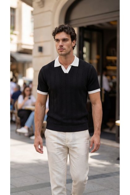 Men's Knitted Pattern Collared Short Sleeve Knitwear T-Shirt - 100% Cotton Acrylic