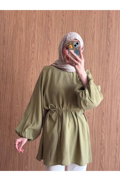 Women's Crew Neck Balloon Sleeve Waist Tie Hijab Tunic