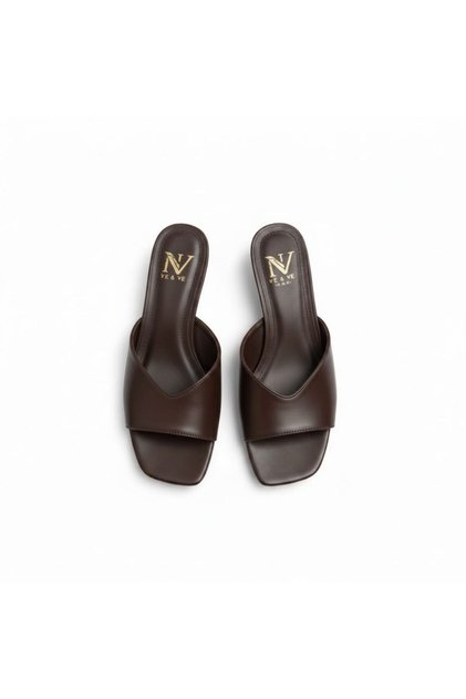 Brown Leather Goblet Heeled 6 cm Women's Stylish and Comfortable Slippers