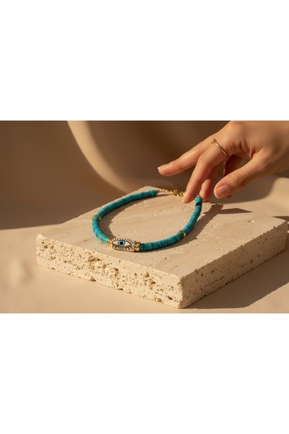 Turkuaz Miyuki Boncuklu Nazar Boncuk Detaylı Choker Kolye