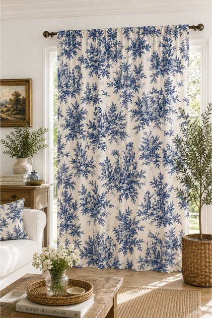 French Country Patterned Duck Fabric Single Panel Non-Pleated Plain Background Curtain with Cornice Vintage Country Curtain - with Laces Gift