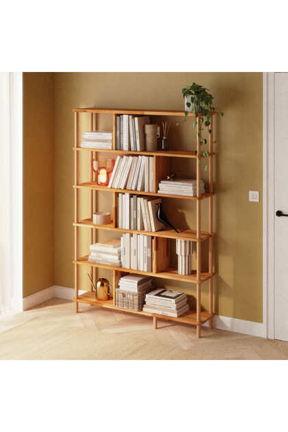 Netu Masif Kayın Ahşap 6 Raflı Kitaplık Kitap Rafı Doğal 120x28 Cm