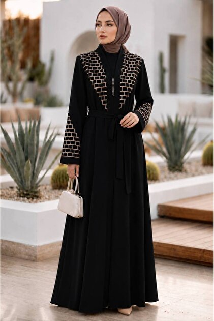 Geometric Embroidery Detailed Belted Black Beige Hijab Ferace 29137Sbej