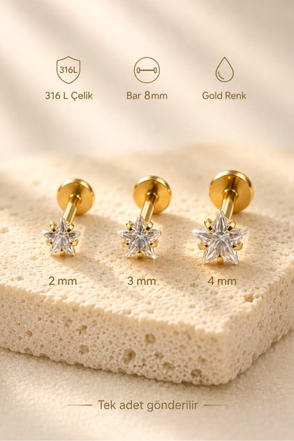 316L Çelik Yıldız Taşlı Labret Piercing 8 mm Uzun Bar Helix Tragus Küpe Gold Gümüş