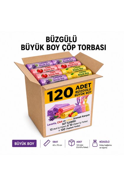 Büzgülü Büyük Boy Çöp Torbası 120 Adet 65x70 cm Lavanta Çilek Limon Kokulu Dayanıklı Çöp Poşeti