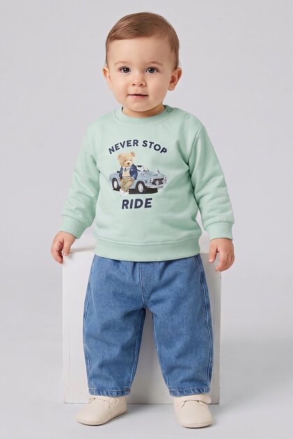 Teddy Bear Printed Baby Boy Sweatshirt and Jeans Set