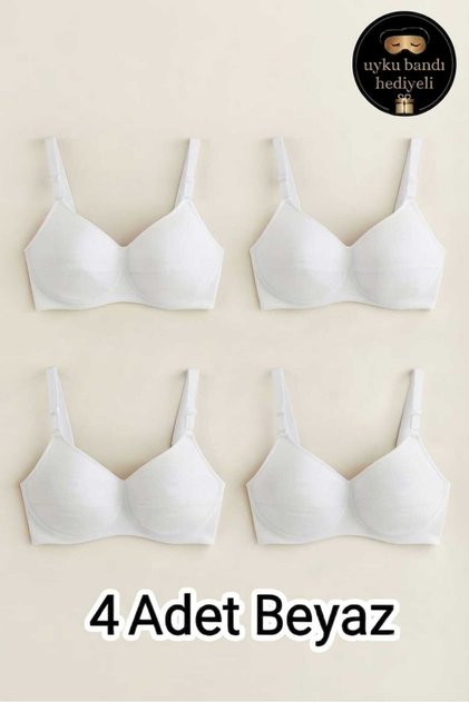 4-Pack White Women's Thin Sponge Non-Wired (Wireless) Comfortable Daily Bra Set - with Sleep Band as a Gift