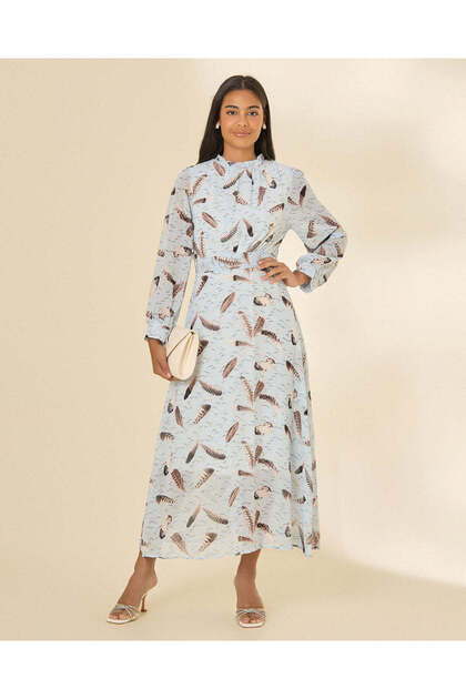Women Blue Printed Belted Long Sleeve Dress