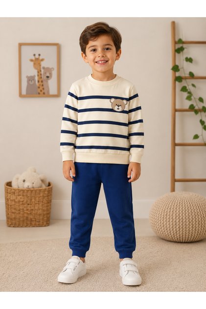 Boy's Teddy Bear Printed Striped Seasonal Sweatshirt Tracksuit 2-Piece Set 3-6 Years Old