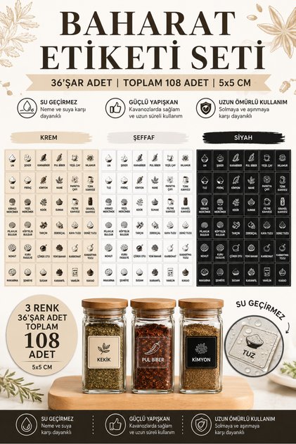 108’li Yapışkanlı Baharat Kavanoz Etiketi Seti 5x5 cm - Suya Ve Neme Dayanıklı Mutfak Düzenleyici Sticker Seti