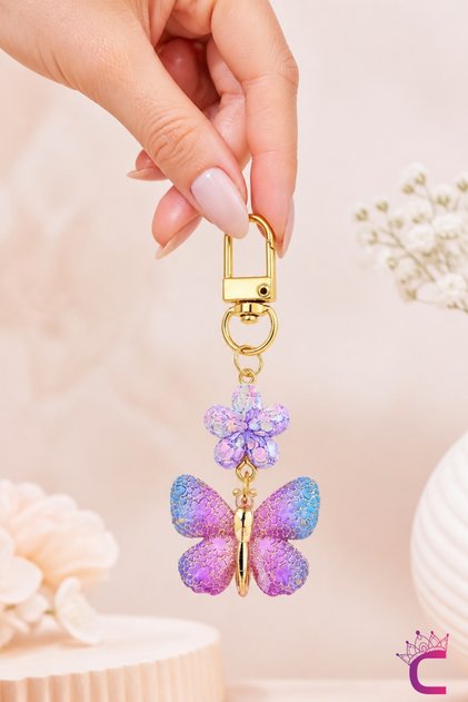 Purple Gradient Butterfly Floral Bag Ornament Keychain - Friend Gift Metal Clip Bag Charm