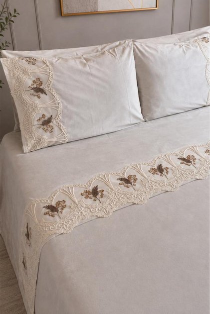 Artemis Embroidered 6 Piece Duvet Cover Set Cream - Beige