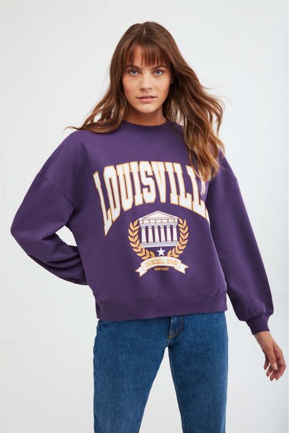 Ramona Women's Oversize Soft Fleece Lined Organic Cotton Printed Round Neck Purple Sweatshirt