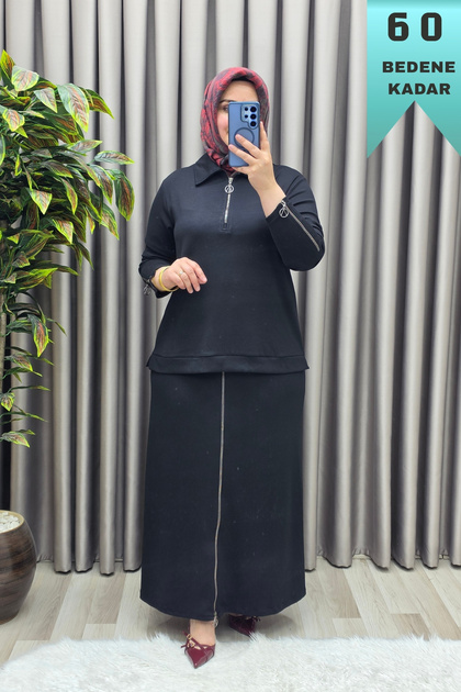 Women's Clothing Plus Size Modal Sleeves Zipper Detailed Double Skirt Set